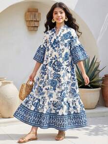 SHEIN Tween Mädchen Lässig Beach Resort Kleid mit Blume Muster, Stehkragen, Glockenärmeln, Raffungen und Patchwork, locker geschnitten - Blau-Weiß - Übersicht 7