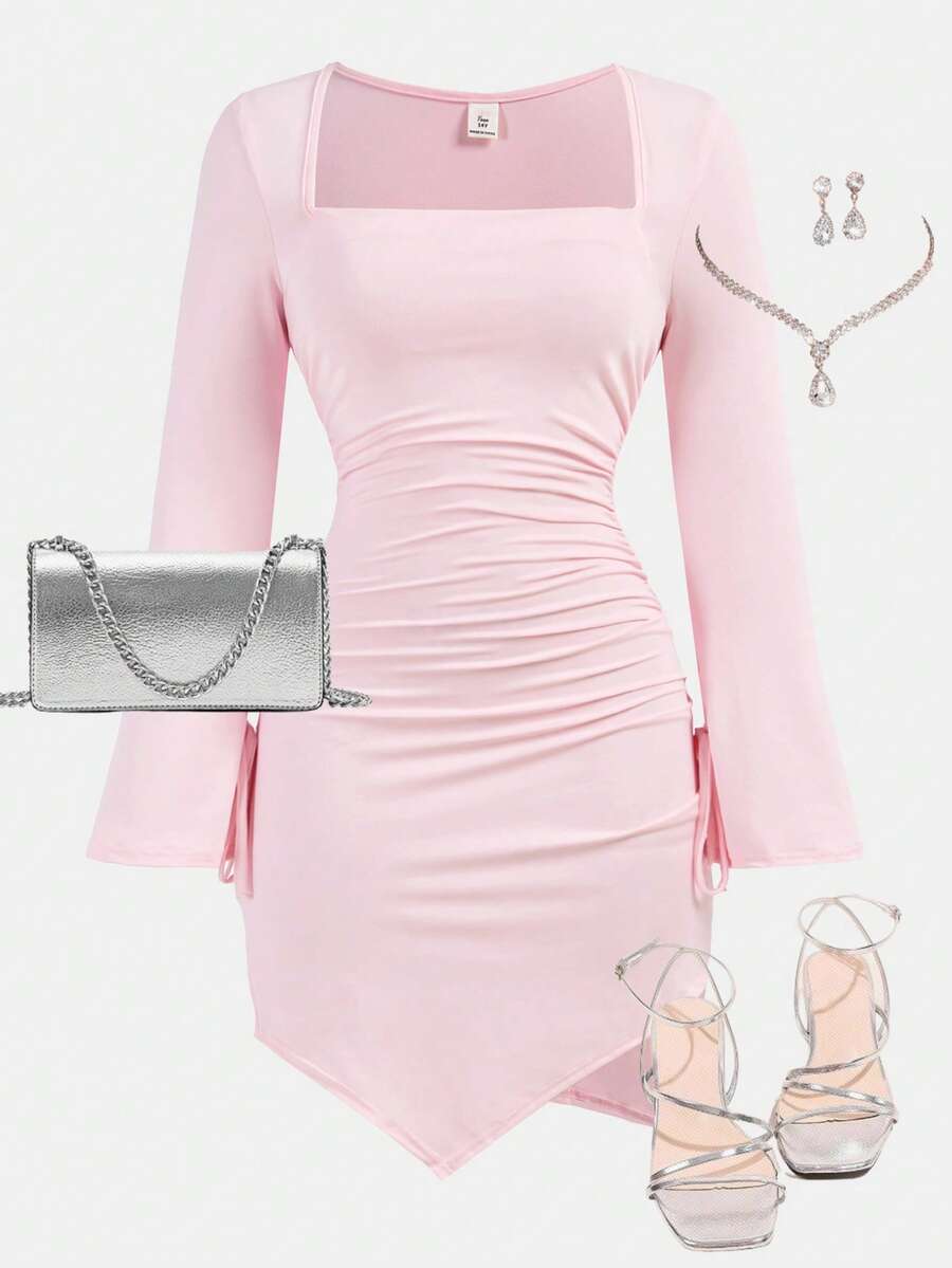 SHEIN Girlism 少女纯色方领开衩交叉裹身长袖Y2K连衣裙，适合新年穿着 - 粉色 - 查看 1