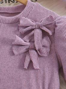 Teen Girls' Elegant Purple Long Sleeve Dress,Sweet Bowknot Decor Textured Knit Autumn Birthday Dress,Modest Lilac Design Suitable For Daily Gatherings - Purple - View 5