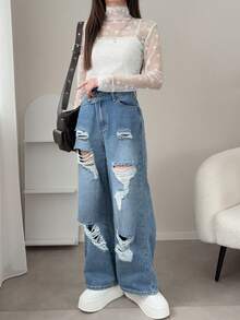 FRIFUL Women's High Neck Lace Fitted Casual Base Layer Top - White - View 2