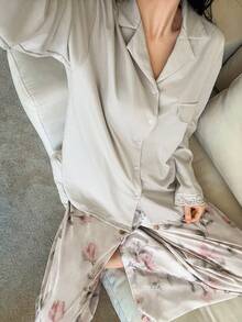 DAZY Women's Loose Solid Color Top & Floral Print Wide Leg Pajama Pants Sleepwear Set - Light Grey - View 1