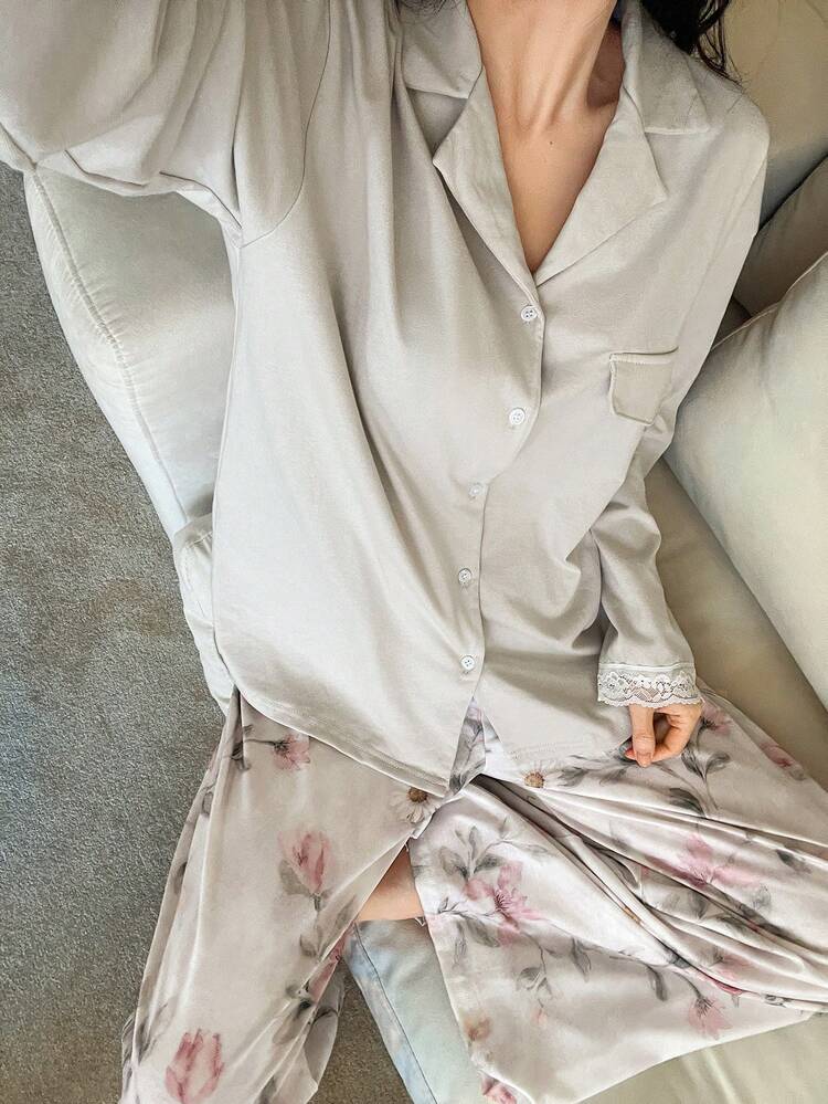 Women's Loose Solid Color Top & Floral Print Wide Leg Pajama Pants Sleepwear Set