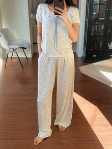 DAZY Sweet Bow Polka Dot & Floral Lace Patchwork Women Pajama Set - Beige - View 6