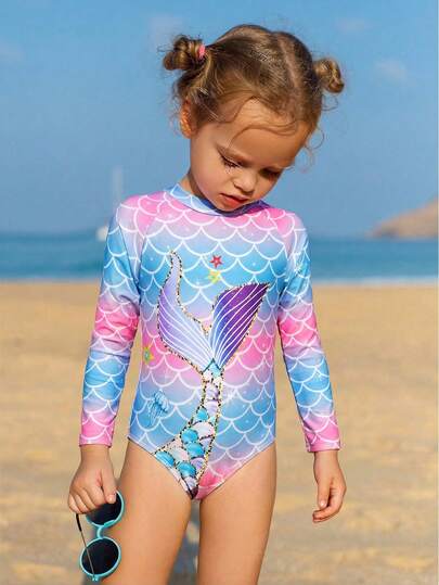 1pc Girls' Colorful Fish Scale & Tail Print Stretchy Quick-Dry Comfortable Knit Fabric One-Piece Swimsuit, Suitable For Beach, Pool, Seaside, Surfing, Vacation, Summer, Travel, Holiday