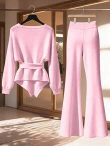 SHEIN LUNE 2件套女士休闲宽松时尚优雅通勤高品质针织毛衣套装，秋冬季 - 粉色 - 查看 2