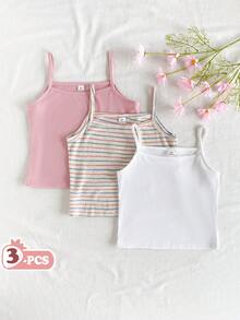 Vintaside Kids 3pcs/Set Older Tween Girl' Summer New Solid Color Slim Fit Ribbed Camisole - Multicolor - View 3
