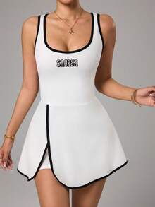 Dewbera Women's Casual Contrast Trim Slit Back Sleeveless Sports Dress, Summer - White - View 4