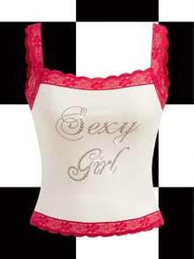 Shutterstock Y2Kool 休闲性感都市时尚极简主义Y2K风格女式蕾丝水钻印花吊带背心，适合度假、约会、派对、婚礼、情人节、工作、春夏、生日、狂欢节等场合，性感蕾丝打底衫，夏季性感上衣，夜店风性感上衣 - 彩色 - 查看 1