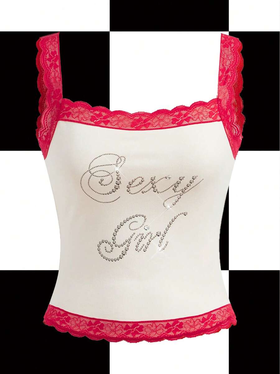 Shutterstock Y2Kool 休闲性感都市时尚极简主义Y2K风格女式蕾丝水钻印花吊带背心，适合度假、约会、派对、婚礼、情人节、工作、春夏、生日、狂欢节等场合，性感蕾丝打底衫，夏季性感上衣，夜店风性感上衣 - 彩色 - 查看 1