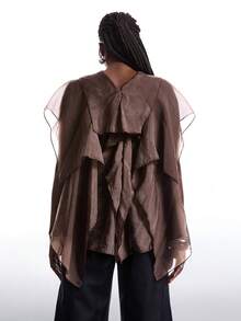 LYSMO Plus Size Women's Coffee Brown Ruffle Collar Button Front Mesh Panel Elegant Bohemian Style Blouse Sheer Tops - Brown - View 2