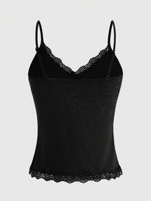 ROMWE Fairycore Women's Solid Color Lace Patchwork Crystal Decor Camisole Top - Black - View 3