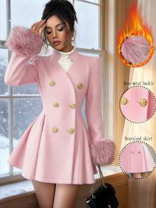GlowEve Women's Elegant Furry Patchwork Double-Breasted Cinched Waist Jacket, Autumn/Winter - Pink - View 3