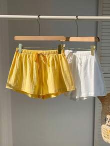 SHEIN EZwear 2条装100%水洗棉女士宽松休闲短裤，马卡龙奶油色和柠檬黄，适合夏季、度假、情人节、海滩度假、春季郊游 - 彩色 - 查看 4