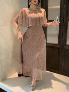 DAZY Women's Elegant Long Dress With Rhinestone Embellished Dolman Sleeves Sparkly Dress - Champagne - View 6