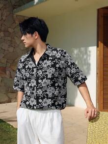 DAZY 夏季刺绣花卉图案黑色里衬男士度假休闲短袖衬衫 - 黑色 - 查看 6