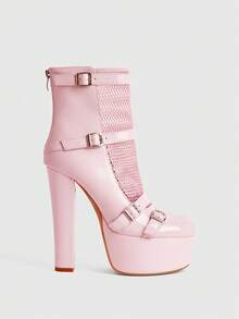 CUCCOO LuxiPop Women's Outdoor Round Toe Thick High Heel Waterproof Platform Mesh & PU Fabric Buckle Decor Fashion Comfortable Daily, Party, Nightclub Wear Zipper Back Sandal Boots Valentine's Day