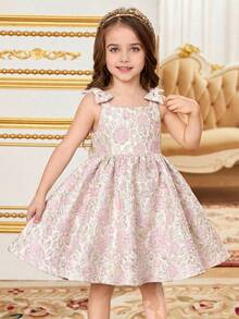SHEIN Vestido sin mangas con decoración de lazo y bordado floral para niña - Multicolor - Ver 2