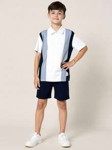 SHEIN Tween Boy Loose Casual Turn Down Collar Knitted Solid Short Sleeve Polo Shirt And Shorts Two Pieces Set,Kids - Multicolor - View 10