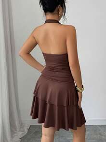 Elenzga Spring/Summer New Design Spaghetti Strap Metal Buckle Knit Fabric Elastic Waist Brown Sexy Chic Layered Hem Women's Dress - Brown - View 5