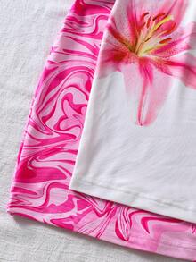 SHEIN Girls' (Large) Spring/Summer Casual Basic Versatile Vacation Everyday Home Dress Striped Wavy Pattern Halter Neck Fitted Short Knit Dress, Two Pieces Set - Pink - View 6