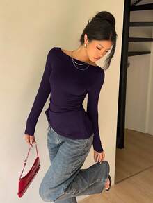 Siren Gaze Women's Lace Patchwork Back Bowknot Slim Fit Long Sleeve Top - Purple - View 2