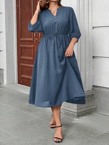 Miaspire 大码女式休闲日常通勤简约纯色V领灯笼袖抽绳腰连衣裙，春夏秋季 - 藍色 - 查看 4