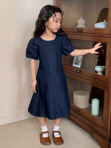 Dazy Kids Girls (Small) Round Neck Puff Sleeve Denim Dress - Blue - View 3