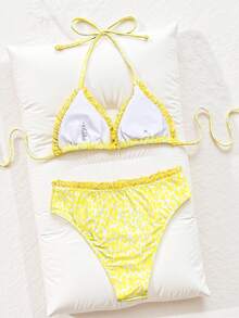 Swim SXY Neon Yellow Leopard Print Random Triangle Halter Drawstring Tie Knot Ruffle Mesh Patchwork Trim Criss-Cross Back Sexy Beach Bikini Swimwear For Women - Yellow - View 2