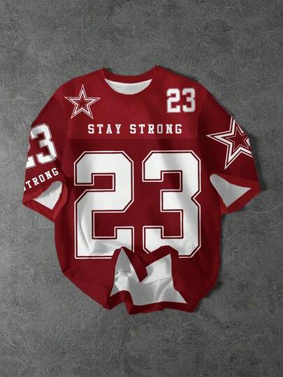 SHEIN Bolty Tween Boy Casual Fashionable Classic Cool Baseball Sports Style, No.23, Star Pattern, "GENIUS STAY STRONG" Graphic Print Short Sleeve Round Neck T-Shirt, Suitable For Summer