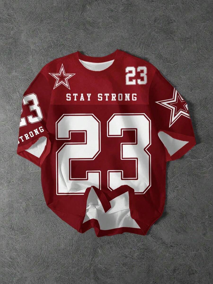 SHEIN 青少年男孩休闲时尚经典酷炫棒球运动风格，23号，星星图案，“GENIUS STAY STRONG”图形印花短袖圆领T恤，适合夏季 - 彩色 - 查看 1