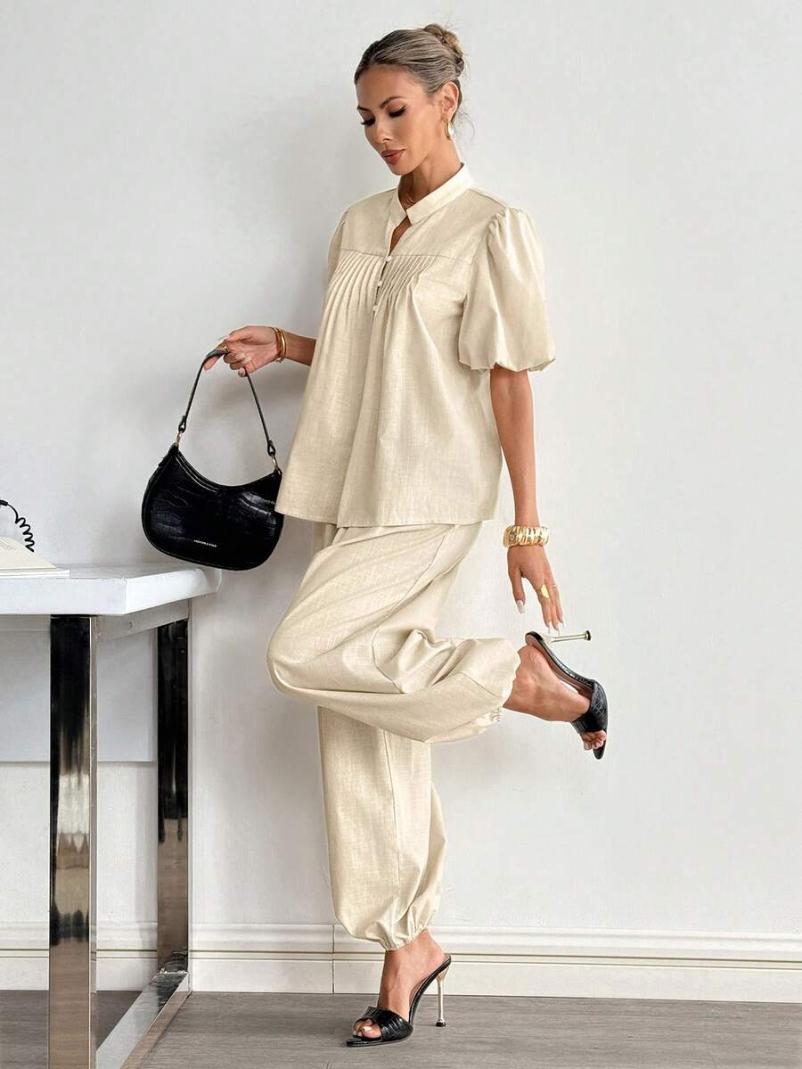 Siren Gaze 女士亚麻灯笼袖衬衫和阔腿裤套装，纯棉女士两件套 - 杏色 - 查看 1
