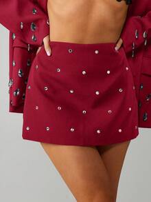 MISSGUIDED Diamante Embellished Mini Skirt High Waisted Bodycon Sparkle Crystal Hotfix Party Club Evening Formal Special Occasion Statement Piece - Burgundy - View 4