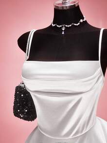 SHEIN ICON 大码舞会礼服；纯色缎面A字露背连衣裙，白色，情人节。 - 白色 - 查看 5