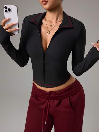 Dewbera Women's Ribbed Contrast Stripe Zip-Up Fitted Jacket, Casual Sports Jacket For Daily Wear, All Seasons