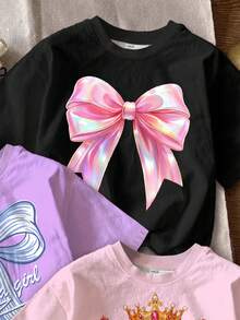 SHEIN Bộ 3 áo thun ngắn tay cổ tròn in nơ lấp lấp lánh dễ thương cho bé gái, thích hợp cho mùa xuân/hè. - Nhiều màu - Xem 5