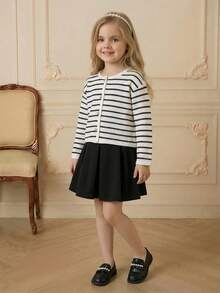 PrepCrw 2pcs Young Girls Elegant Black & White Striped Cardigan & Pleated Mini Skirt Set,Back-To-School,Autumn,Family Matching,Collegiate Casual Clothes Kids - Black and White - View 10