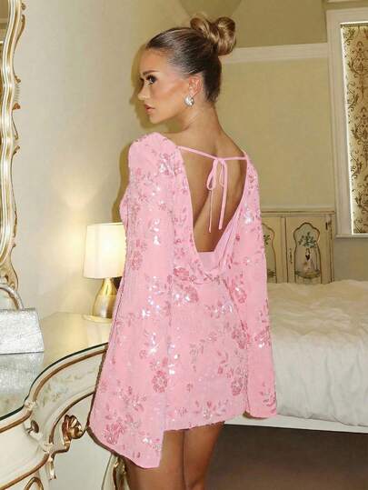 Glamine Charm Chiffon Sequin Embroidered Holiday Party Dress, Romantic Vintage Palace Style, Suitable For Christmas, New Year Family Gathering, Backless Sexy Elegant Women's Flare Sleeve V-Neck Sequins Party Maxi Dress Pink Floral Women Dress Pink Tea Party Dress Short Pink Dress Pink Glitter Dress