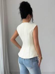 Feyla Áo sơ mi nữ màu trơn cổ tròn cài cúc phía trước, kiểu dáng thanh lịch, ôm sát. - Màu xanh lam - Xem 2
