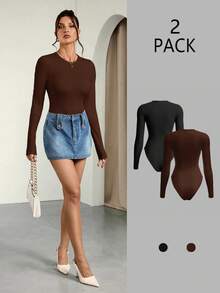 SHEIN Tall 2pcs/Set Women Solid Color Knitted Round Neck Long Sleeve, Casual, Cozy Chic, Slim And Versatile Bodysuit - Multicolor - View 11