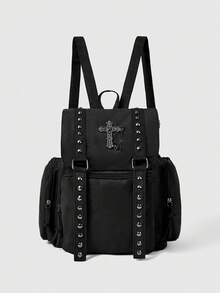 ROMWE Goth Mochila de estilo punk con remaches de cuero sintético de moda - Uno negro - Ver 1