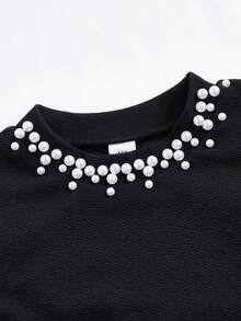 SHEIN 少女优雅公主袖高领串珠拼接印花下摆连衣裙，适合日常、通勤、休闲、度假、派对等场合。 - 黑色 - 查看 5