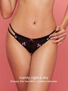 LUVLETTE Low-Rise Black Rose Embroidered Elegance Lingerie Floral Lace & Demi-Sheer Mesh & Strappy Sexy Briefs Romantic Valentine's Day Gifts - Black - View 8