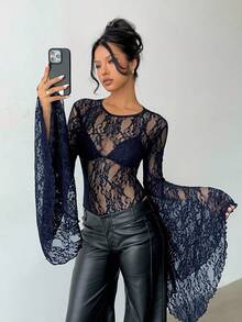 Aloruh Áo liền thân ren đen tay cánh dơi cho Halloween - Màu xanh hải quân - Xem 3