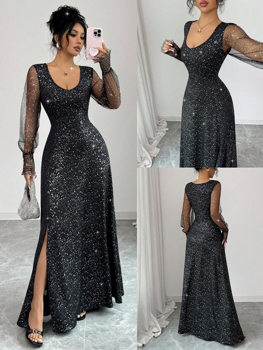 Rafferiza 女士优雅亮片连衣裙，适合外出、约会、派对等场合。 - 黑色 - 查看 1
