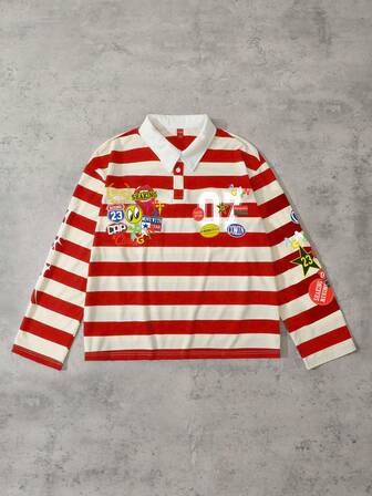 Street Life Chemise polo à manches longues, coupe ample, imprimé dessin animé rayé, style décontracté pour hommes