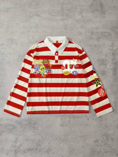 Street Life Camisa polo de manga larga con estampado de rayas y dibujos animados, de corte holgado, para hombre