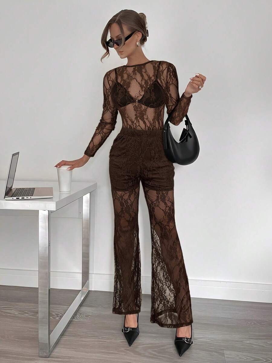 Siren Gaze 2pcs Women's Sexy Sheer Lace Top And Lace Pants Set, Stylish Design, Spring/Summer Sheer Outfits For Women Mesh Two Piece Set Lace 2 Piece Set - Coffee Brown - View 1