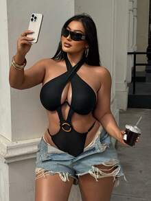 Swim SXY 2026夏季女士沙滩比基尼，时尚连体泳衣，交叉挂脖设计，带钢圈，柔软腰部，镂空剪裁，性感迷人，圆形环饰，适合派对和度假穿着 - 黑色 - 查看 3