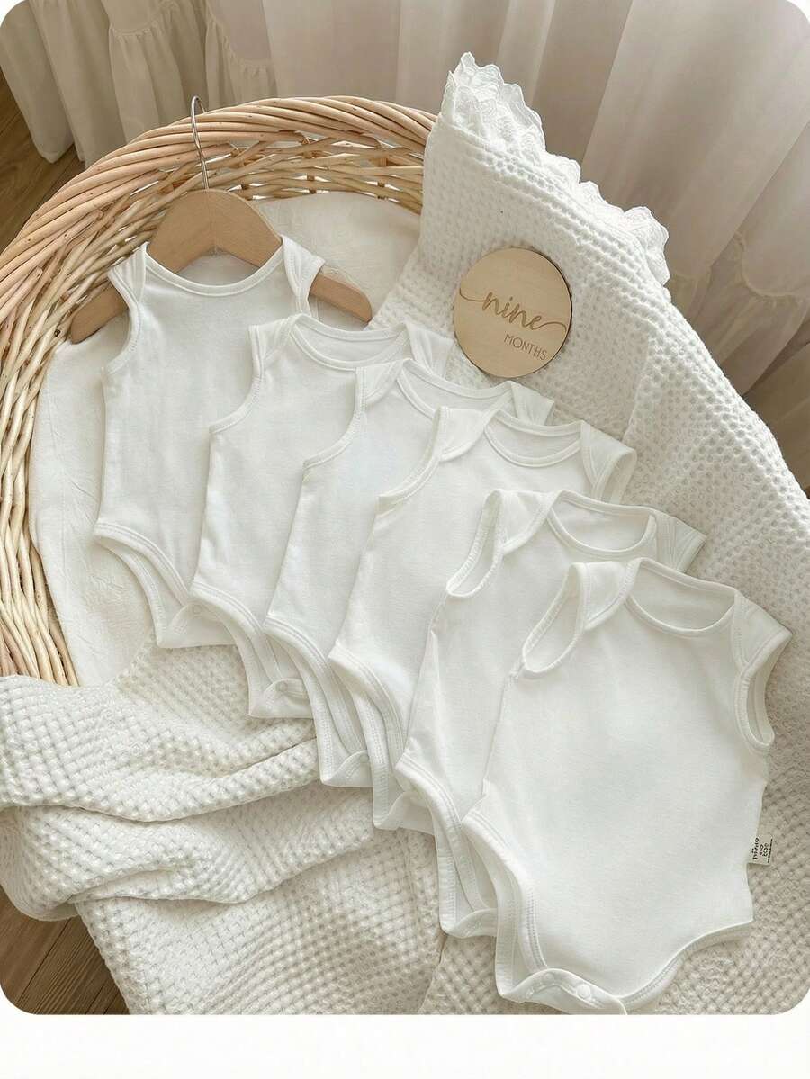 6pcs/Set Newborn Baby Boy Simple Comfortable Solid Color Sleeveless Bodysuit - White - View 1