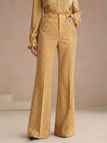 Anewsta Women's Plaid Print Trousers With Rivet Pockets, Elegant Business Casual Flare Pants For Spring/Summer Commute - Multicolor - View 4